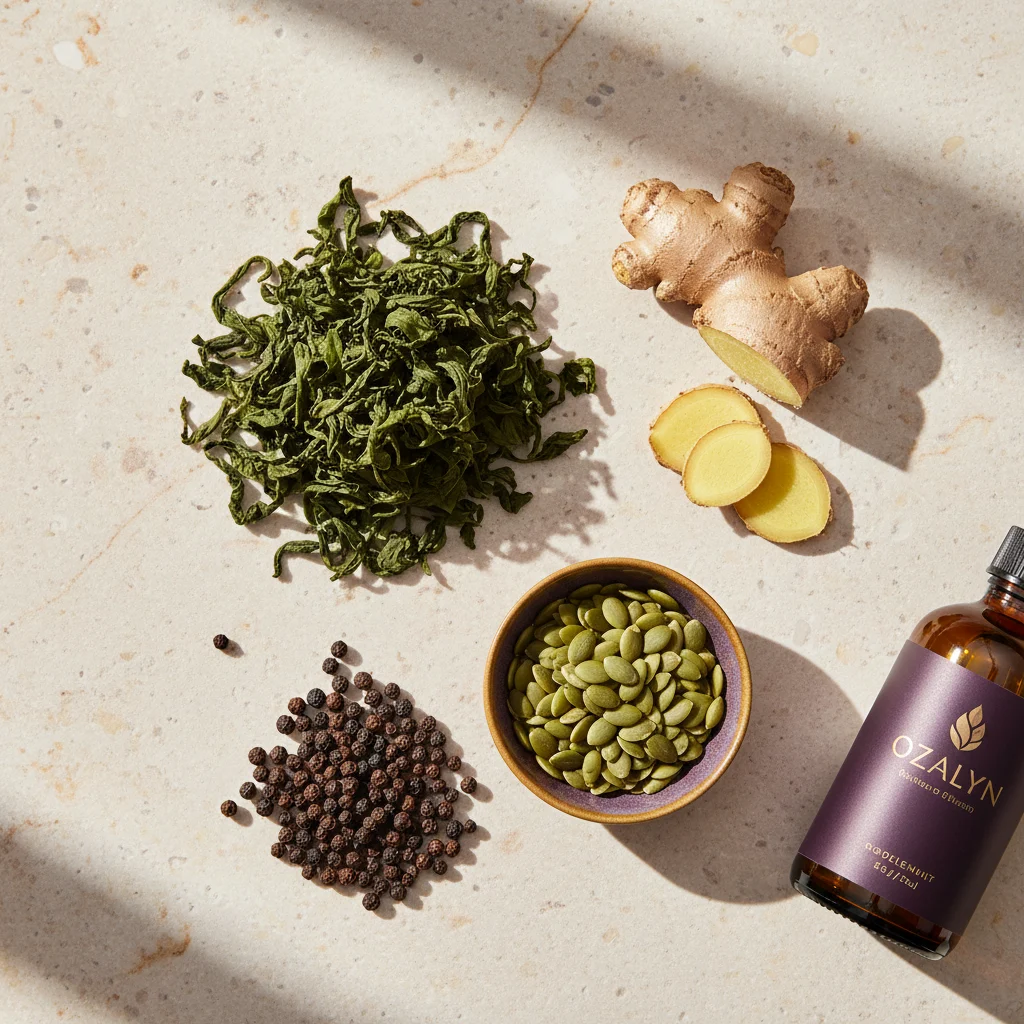 Groene thee bladeren, verse gemberwortel, zwarte peperbollen en pompoenzaden - voedingssupplement met gember en zwarte peper